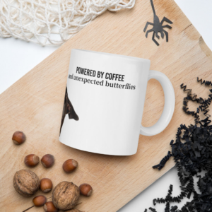White Glossy Mug-Dog Lovers “Powered by coffee and unexpected butterflies.” - Image 2